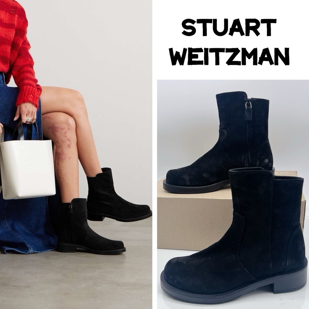Stuart Weitzman 5050 Bold Zip Bootie Ankle Boots Black Suede US 10 - Made SPAIN